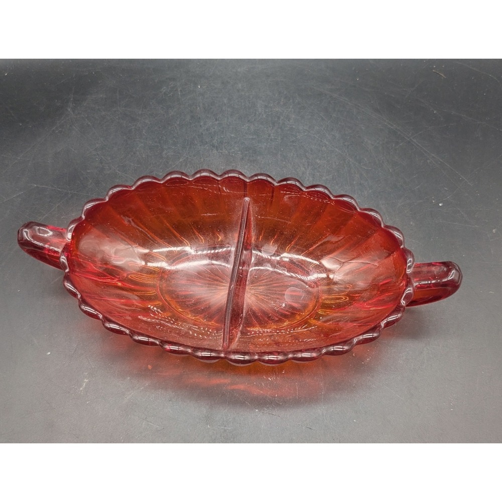 Imperial Glass Red Amberina Divided Candy Dish Scalloped Double Handle Vintage